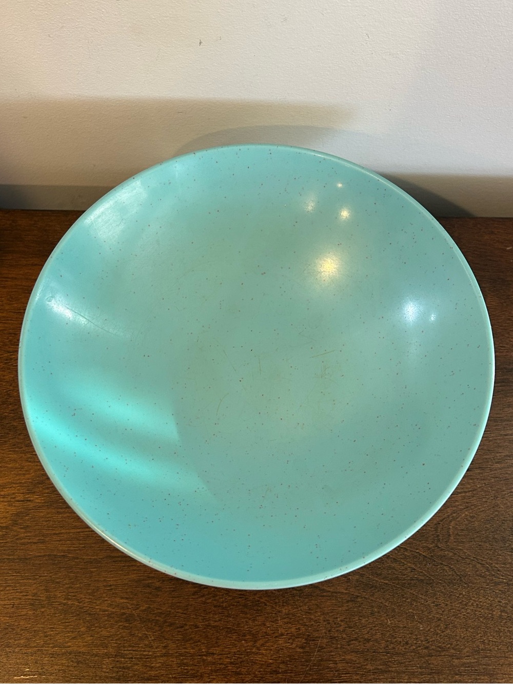 Debonaire Vintage MCM Melmac Dinnerware Round Serving Bowl Aqua Speckled 8 7/8”
